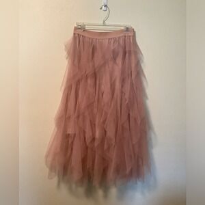 Tiered Tulle Maxi Skirt Dusty Rose Elastic Waist Flowy Full Length S